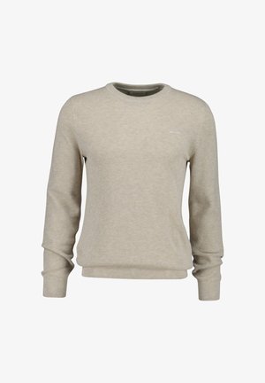 Hellbeiger Strickpullover mit Rundhalsausschnitt, langen Ärmeln, strukturiertem Muster, gerippten Bündchen und Saum. Dezentes Logodetail auf der Brust.