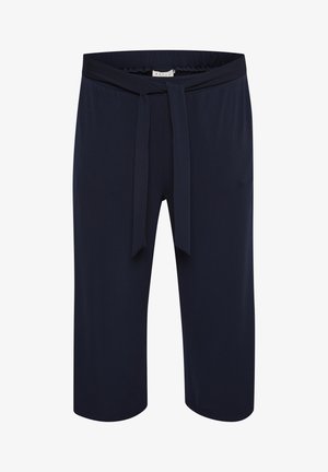 Navy blue, knee-length pants made of soft, stretchy material. Features an elastic waistband with a tie belt and smooth texture.