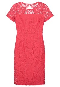 Korálová krajková šaty s krátkými rukávy, zdobené květinovým vzorem, s vypasovaným siluetou a kulatým výstřihem. Průhledná krajková vrstva.