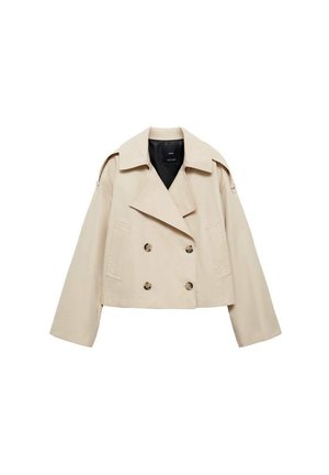 Beige cropped double-breasted jacket made of cotton blend, featuring a large lapel, two front pockets, and button accents on the front.