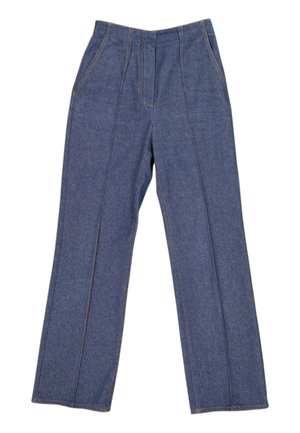 Straight-leg blå denim jeans med forlommer og synlige sømme langs benene og taljen.