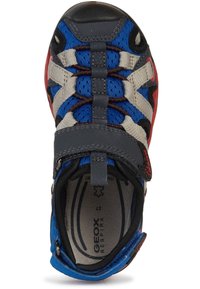 Sandalo per bambini blu e rosso con accenti grigi, tomaia in rete, cinturino in Velcro e suola in gomma. L'interno presenta una soletta imbottita con logo.