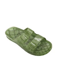 Sandales transparentes vertes en plastique avec deux brides ajustables et une semelle texturée, ornées de paillettes intégrées.