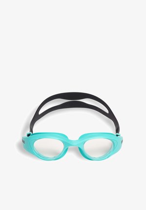 Aqua-Schwimmbrille mit flexiblem, türkisfarbenem Rahmen und klaren Gläsern, ausgestattet mit einem schwarzen verstellbaren Riemen für einen sicheren Sitz.