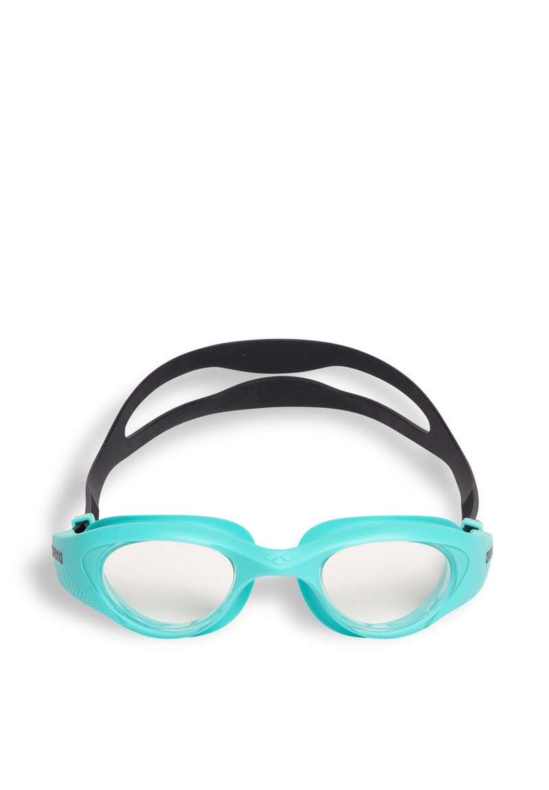 Plavecké brýle Aqua s flexibilním tyrkysovým rámem a průhlednými skly, vybavené černým nastavitelným páskem pro bezpečné uchycení.