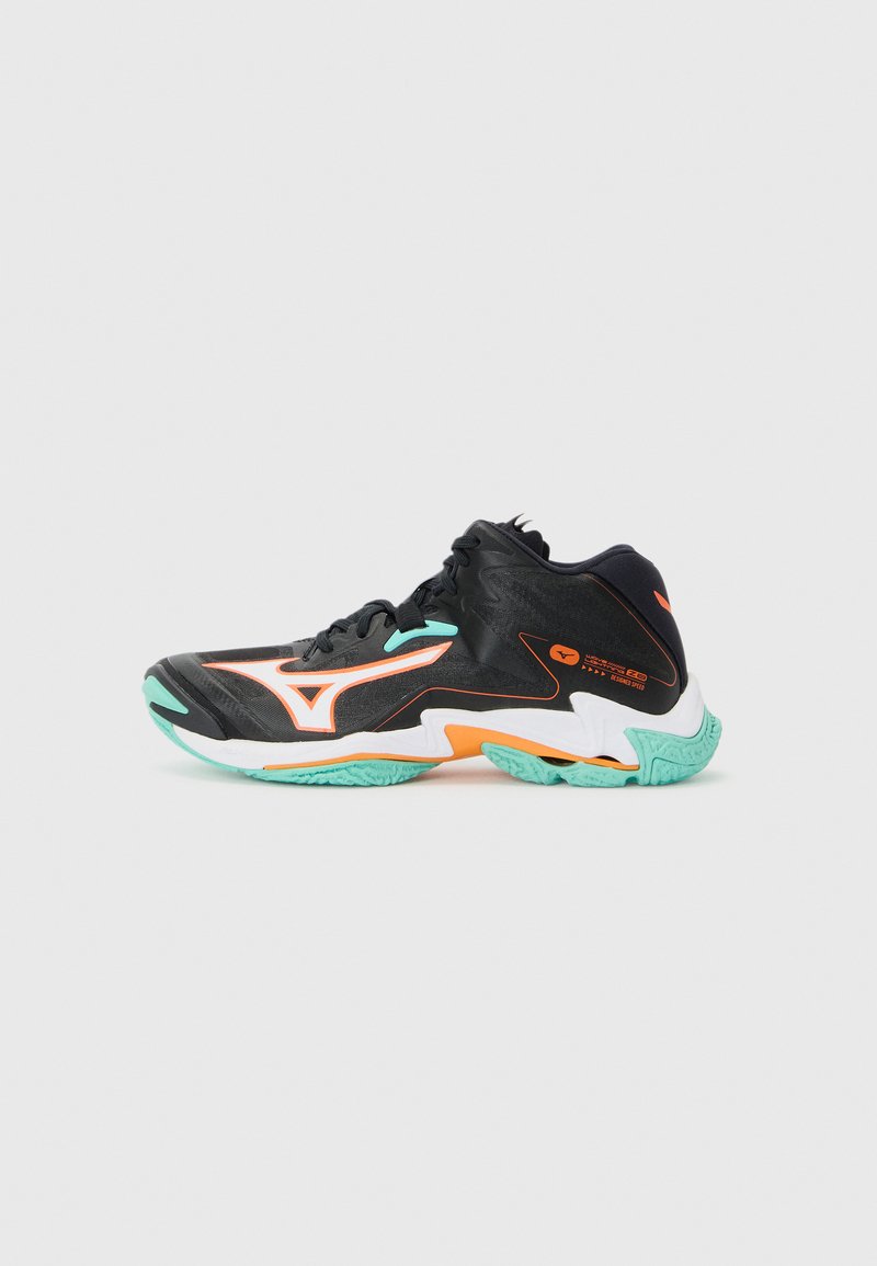 Black athletic shoe with orange and teal accents, featuring a mesh upper, cushioned sole, and textured rubber outsole for grip.