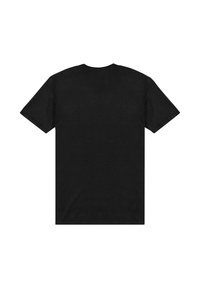 Černé tričko s krátkým rukávem z měkké látky, s klasickým kulatým výstřihem a hladkým zadním dílem bez viditelných log nebo vzorů.