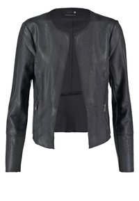 Giubbotto in pelle nera con una silhouette aderente, finitura texturizzata, scollatura rotonda e tasche laterali con zip. Design con apertura frontale per una facile vestibilità.