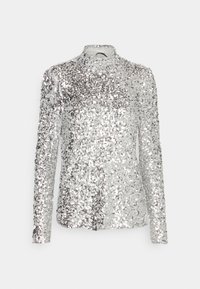 Sølv paljett langermet topp med en tettsittende design, høy hals og teksturert mønster, med en jevn fordeling av paljetter over stoffet.