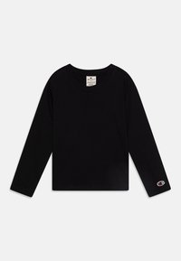 Maglietta nera a maniche lunghe in cotone con scollo rotondo e un piccolo logo ricamato sulla manica sinistra. Design semplice e aderente.