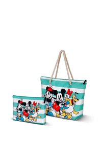 Set de bolso tote y funda con personajes de Disney sobre una tela a rayas turquesa y blanca, con asas de cuerda y cierre con cremallera.
