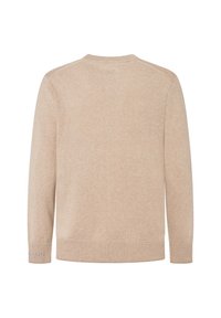 Jersey beige de punto con cuello redondo y mangas largas. Textura suave con puños y dobladillo acanalados, que presenta un sutil logo en la manga.