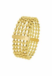 Bracciale in oro con molteplici fili, perle sferiche lisce e un fermaglio a barra piatta inciso con "JOOP!" che aggiunge dettaglio e texture.