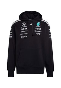 Sweat à capuche noir avec une poche avant, une capuche avec cordon de serrage et des accents gris. Affiche divers logos blancs et colorés sur le devant et les manches.