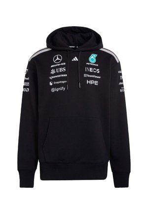 Felpa nera con cappuccio, tasca frontale e coulisse, dettagli grigi. Presenta vari loghi bianchi e colorati sulla parte frontale e sulle maniche.