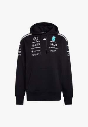 Black hoodie with a front pocket, drawstring hood, and gray accents. Displays various white and colored logos on the front and sleeves.