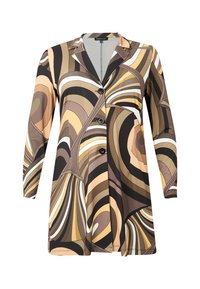 Langarmhemdkleid aus glattem Stoff, mit einem unregelmäßigen abstrakten Muster in Braun, Beige, Weiß und Schwarz, ausgestattet mit zwei vorderen Knöpfen.