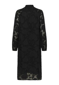 Rochie neagră cu un model floral texturat, mâneci lungi din material transparent și guler înalt. Țesătura are un aspect ușor și fluid.