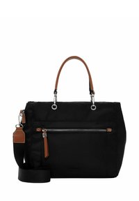 Sac à main en tissu noir avec des accents en cuir marron, des poignées supérieures doubles, une bandoulière réglable et une poche zippée à l'avant.