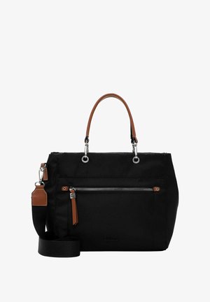 Borsa a mano nera in tessuto con dettagli in pelle marrone, doppi manici superiori, tracolla regolabile e tasca frontale con zip.