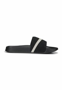 Black slide sandal med en suedestrop med en lys grå accent, glat gummisål og et åbent design for nem påtagning.