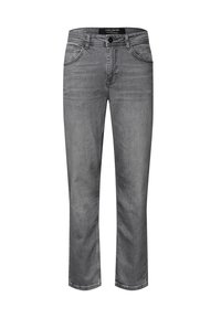 Grijze denim jeans met een rechte snit, voorzien van vijf zakken, riemlussen en een rits. Zachte textuur met lichte vervaging.