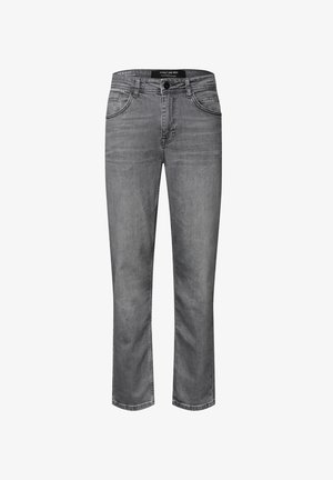 Jeans in denim grigio con taglio dritto, caratterizzati da cinque tasche, passanti per cintura e apertura con zip. Tessuto morbido con leggero sbiadito.