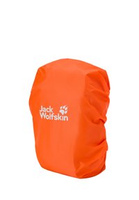 Feloranje waterdichte rugzakhoes met wit Jack Wolfskin-logo, die de rugzak volledig omsluit.