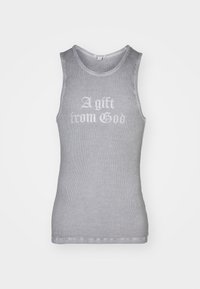 Gray sleeveless tank top made of ribbed fabric. Features white text reading "A gift from God" in a decorative font. Smooth texture.