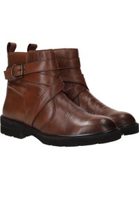 Bruine leren enkellaarzen met twee gekruiste banden, gespsluiting, ronde neus en een gestructureerd oppervlak. Rubberen zool voor comfort en duurzaamheid.