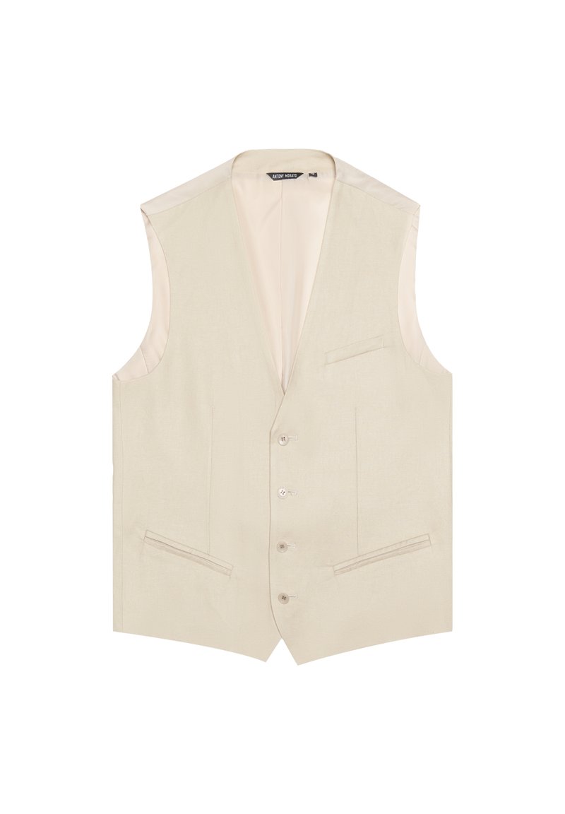 Gilet in lino beige con scollatura a V, chiusura frontale a cinque bottoni, due tasche laterali e rivestimento in satin liscio. Presenta un design elegante e senza decorazioni.