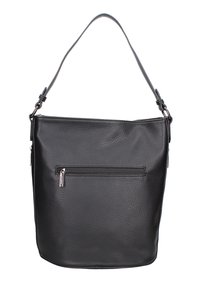 Borsa a tracolla in pelle nera con superficie testurizzata, una sola tracolla e tasca frontale con zip. Presenta una forma semplice e rettangolare.