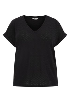 Čierny krátky rukáv top s výstrihom do V, so štruktúrovaným chevron vzorom. Vyrobený z jemnej tkaniny s voľným strihom.