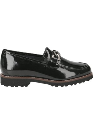 Black patent leather loafers feature a decorative metal buckle, stitched detailing, and a textured rubber sole with pronounced treads.