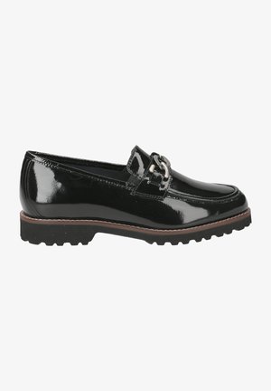 Schwarze Lackleder-Slipper verfügen über eine dekorative Metall-Schnalle, gestickte Details und eine strukturierte Gummisohle mit ausgeprägten Profilen.