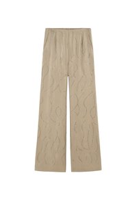 Pantalones rectos beige de tela suave, con un patrón plateado ondulado y cinturilla elástica, con bolsillos laterales.