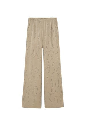 Beige wijde broek van gladde stof, met een golvend zilver patroon en een elastische tailleband, voorzien van zijzakken.