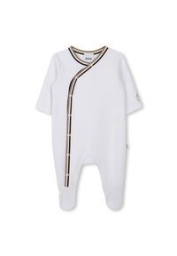 White baby onesie with short sleeves, textured fabric, diagonal striped accent in brown and black, featuring snap closures and footed design.