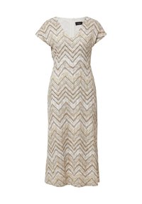 Abito a fantasia beige e bianco con design a zig zag, maniche corte a cappuccio e scollatura a V, in una silhouette fluida.