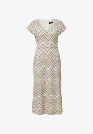 Knielanges Kleid mit V-Ausschnitt und Kappenärmeln. Es verfügt über ein Chevron-Muster in Beige, Creme und Braun. Glatte Textur mit tailliertem Schnitt.