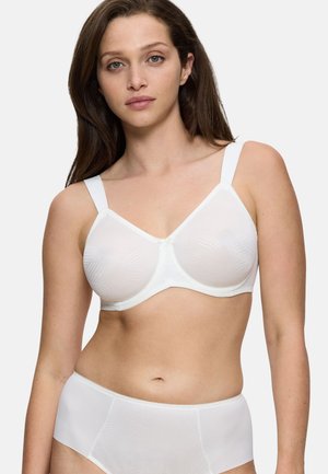 Soutien-gorge blanc texturé avec un design structuré, des bretelles ajustables et un petit nœud au centre. Associé à un slip blanc assorti.