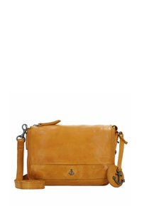 Borsa a tracolla gialla in pelle con una texture liscia, chiusura con zip, tracolla regolabile e dettaglio a forma di ancora.