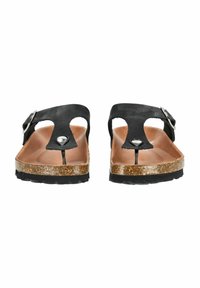 Black suede sandals with open toe design, cork footbed, synthetic sole, and adjustable metallic buckle detailing.