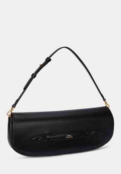 Black leather shoulder bag with curved flap, adjustable strap, gold hardware, and small "Polo by Ralph Lauren" logo on front.