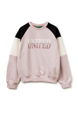 Felpa rosa chiaro con spalle e maniche a blocchi di colore nero e bianco, con la scritta "UNITED COLORS OF BENETTON" sul davanti.