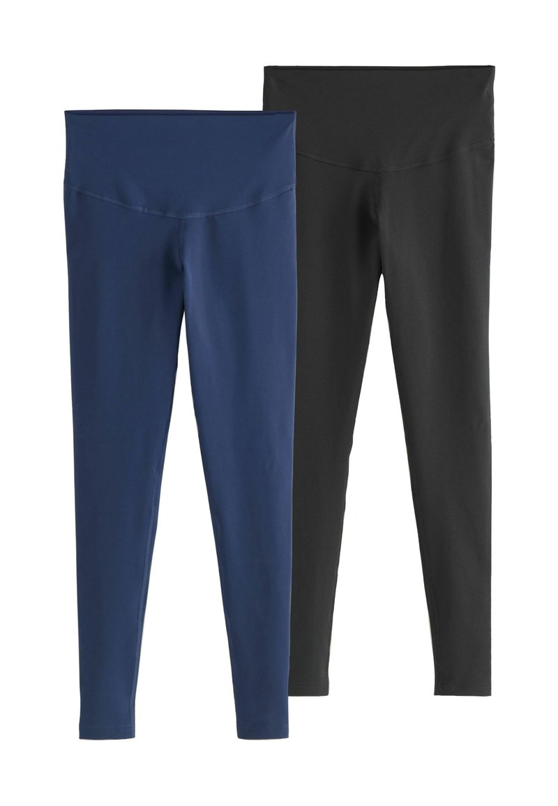 To sæt tætsiddende leggings, et i marineblå og et i sort, lavet af et glat, strækbart stof med en bred talje.