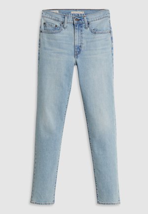 Light blue denim jeans with a straight-leg design, five-pocket style, and subtle fading at the thighs. Features metal hardware and stitching.