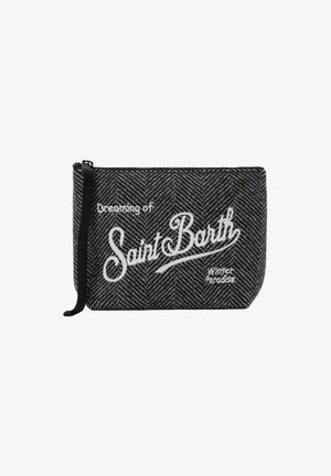 Piccola borsa grigia e nera a zigzag con zip, dotata di un laccetto nero e testo bianco "Sognando una Paradise Invernale a Saint Barth."