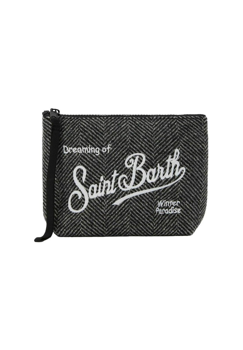 Piccola borsa grigia e nera a zigzag con zip, dotata di un laccetto nero e testo bianco "Sognando una Paradise Invernale a Saint Barth."