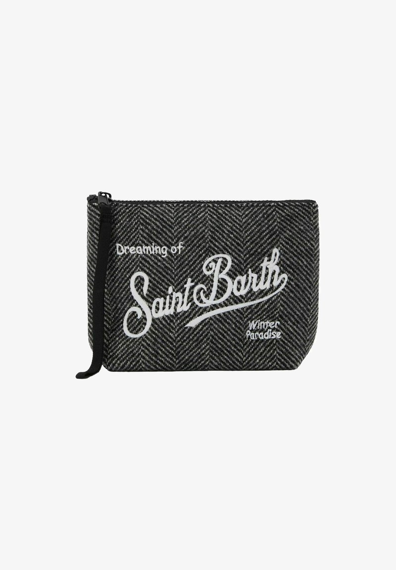 Piccola borsa grigia e nera a zigzag con zip, dotata di un laccetto nero e testo bianco "Sognando una Paradise Invernale a Saint Barth."
